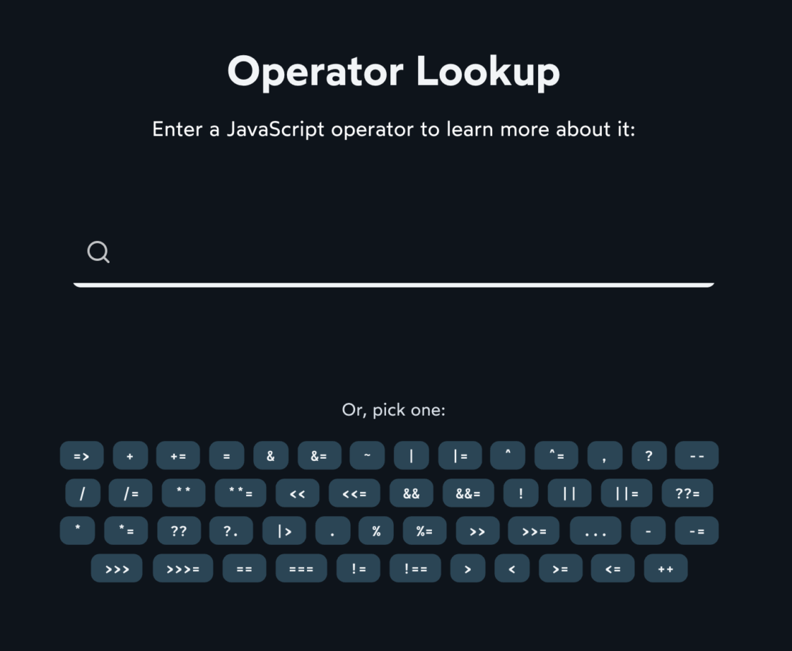Operator Lookup — Search JavaScript Operators – Bram.us