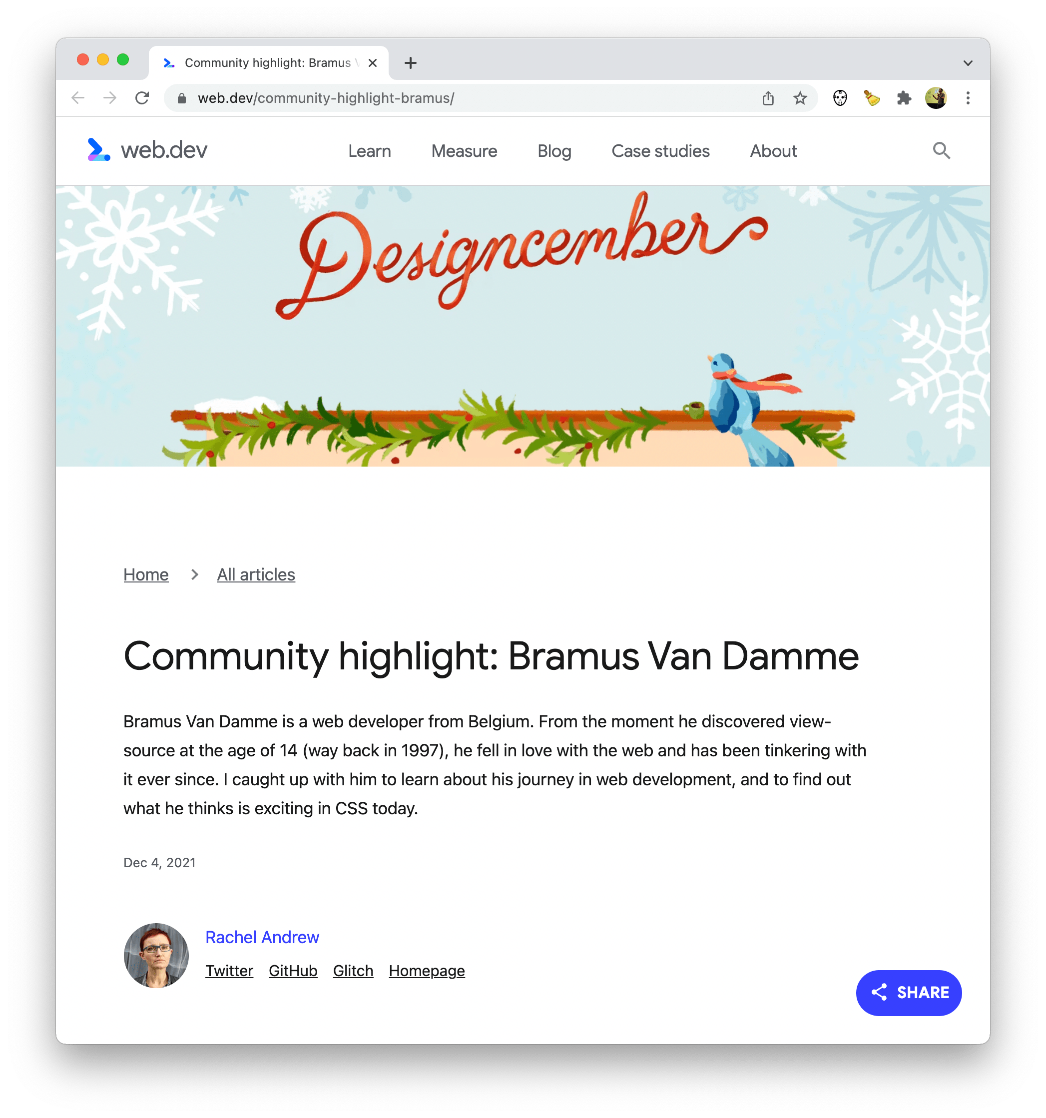 Screenshot of my Community Highlight on web.dev