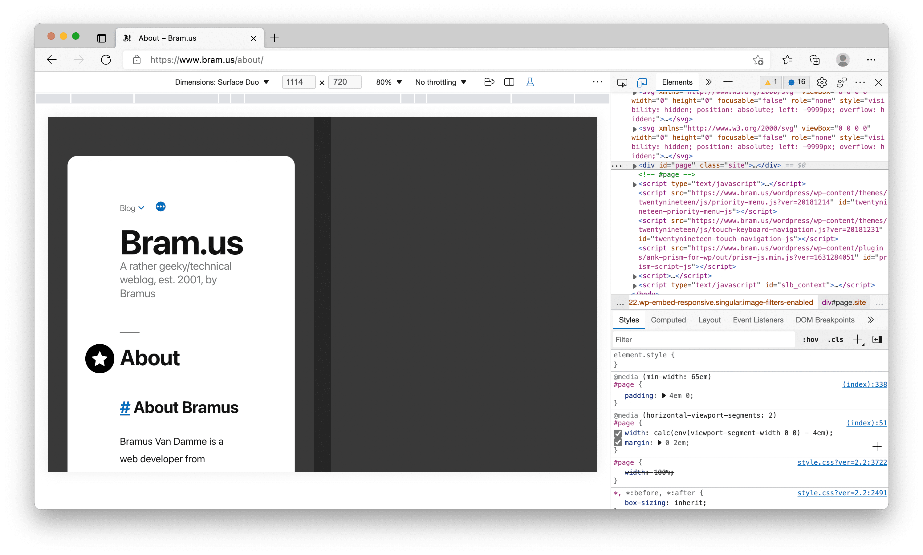 Edge DevTools with Dual-Screen Mode enabled