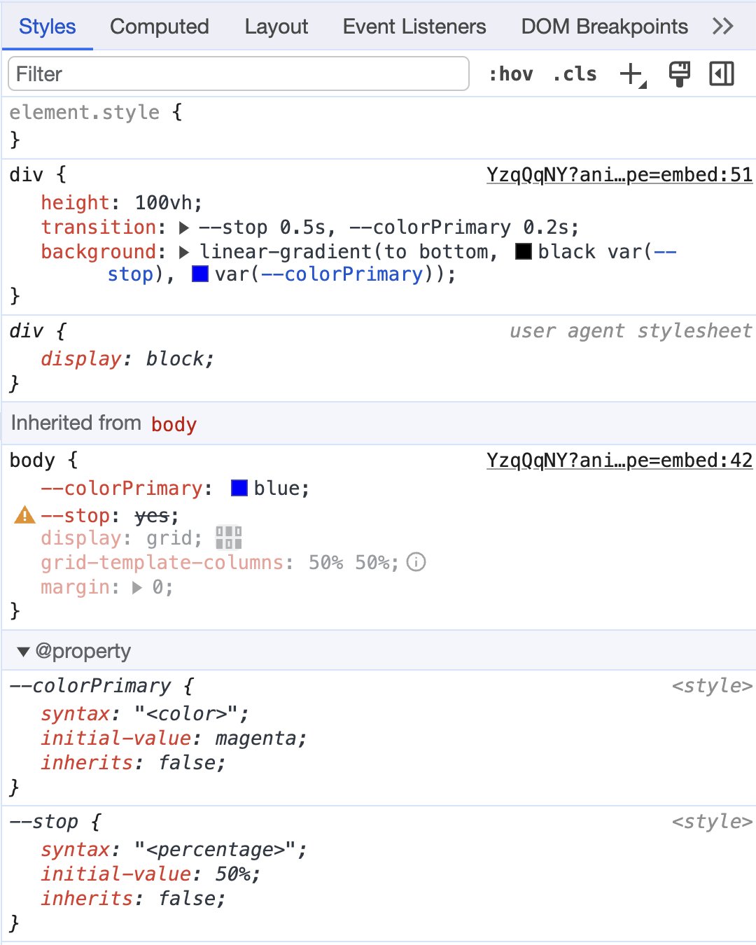 Screenshot of Chrome DevTools showing all relevant Registered Custom Properties