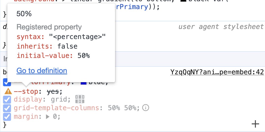 Chrome DevTools when hovering a Registered Custom Property with its value set to a not-allowed type.
