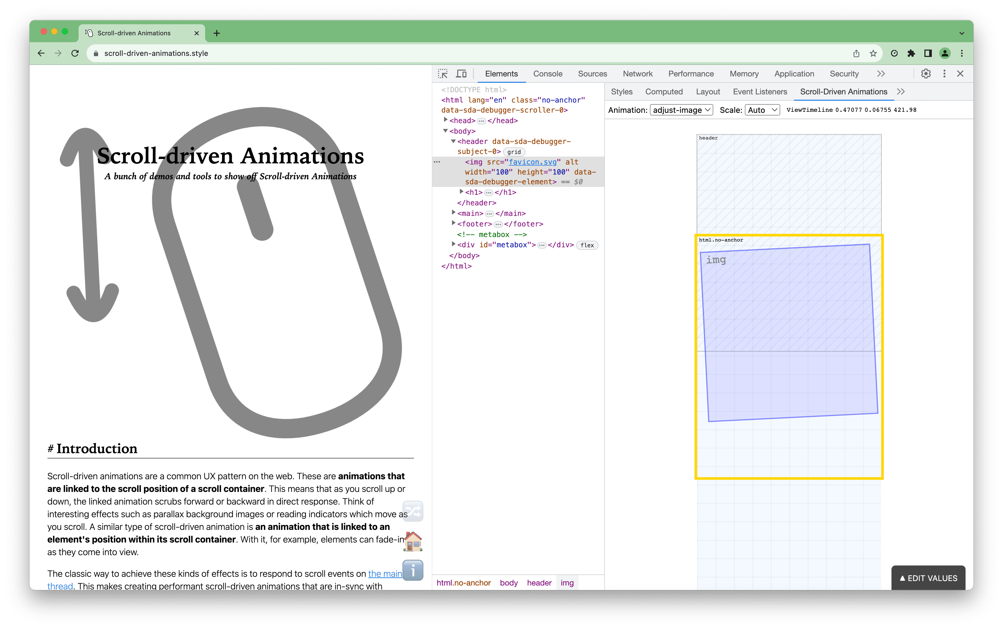 I’m extremely pleased to announce the release of Scroll-Driven Animations Debugger, a DevTools extension to visualize and debug Scroll-Driven Animat