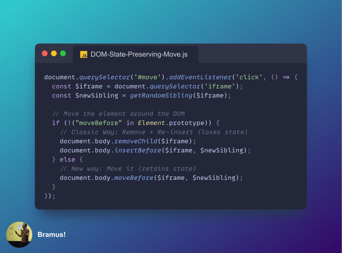 Move elements around the DOM while preserving their state with ...