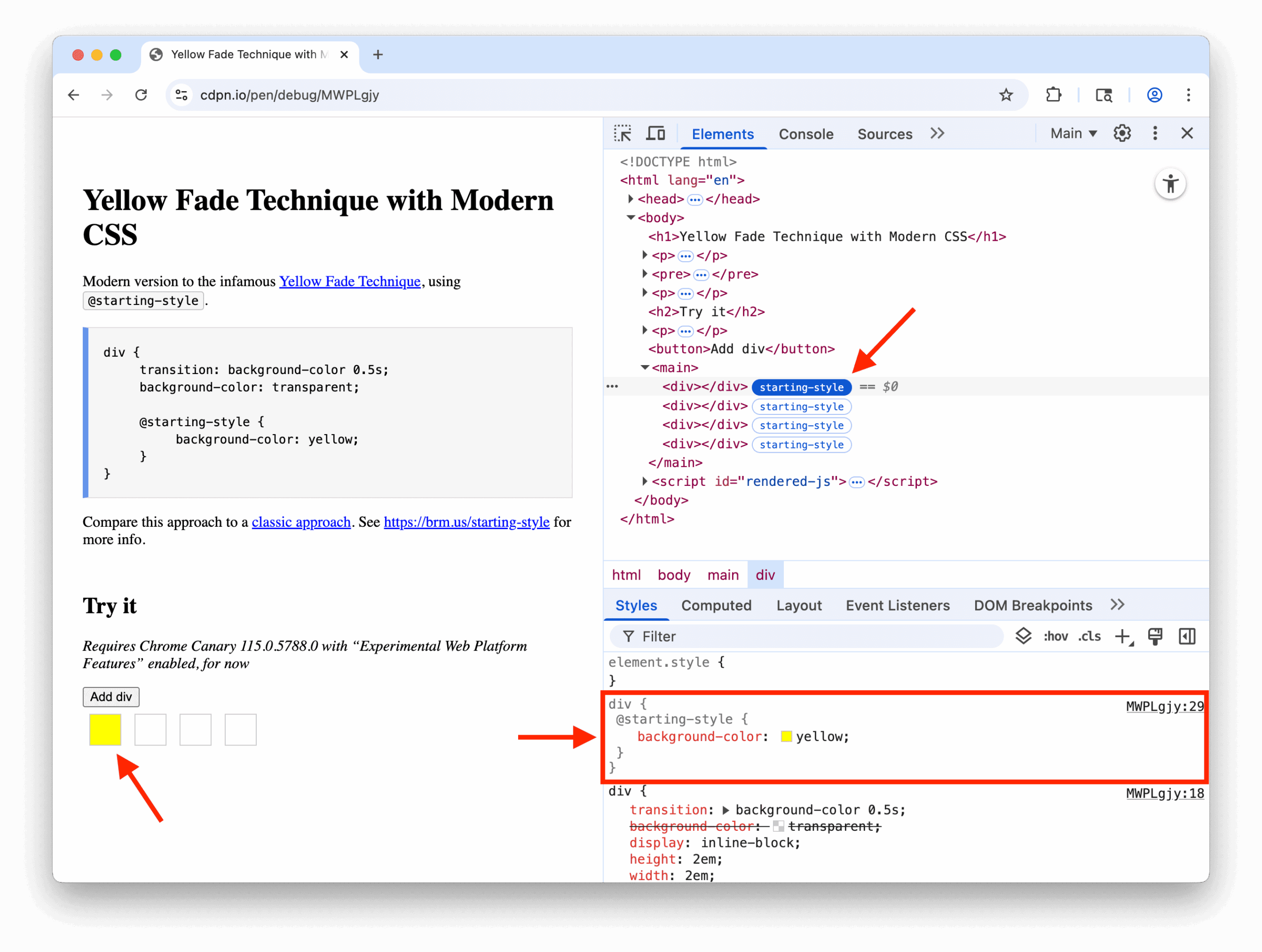 CSS @starting-style debugging is available in Chrome DevTools! – Bram.us